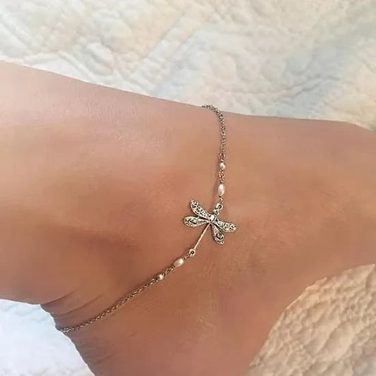 🥳BRACELET DE CHEVILLE DRAGONFLY EN ARGENT AVEC PERLE