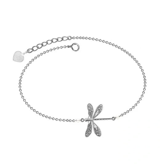 🥳BRACELET DE CHEVILLE DRAGONFLY EN ARGENT AVEC PERLE