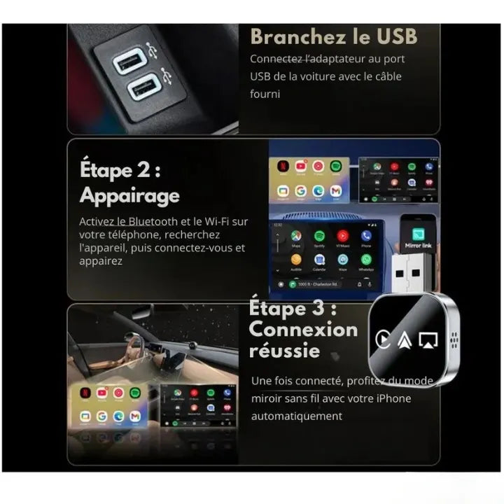 Adaptateur CarPlay sans fil 3-en-1 (Apple/Android)