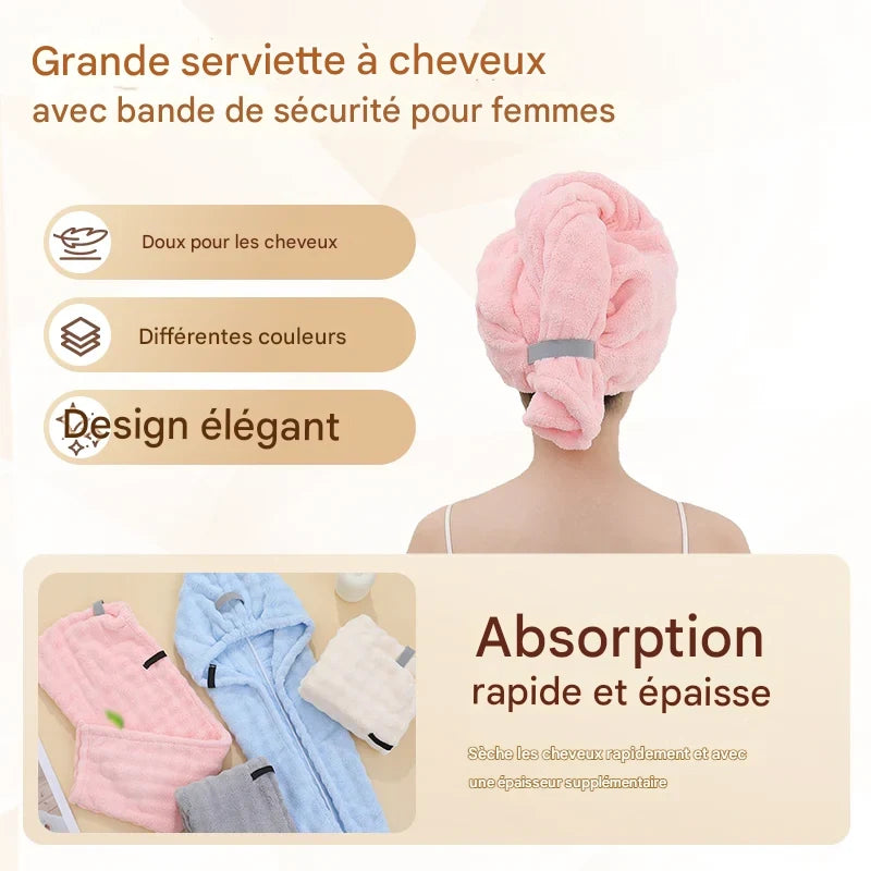 Lot de 3 _ Grande serviette à cheveux ultra-absorbante avec bande élastique ajustée – Idéale pour femmes