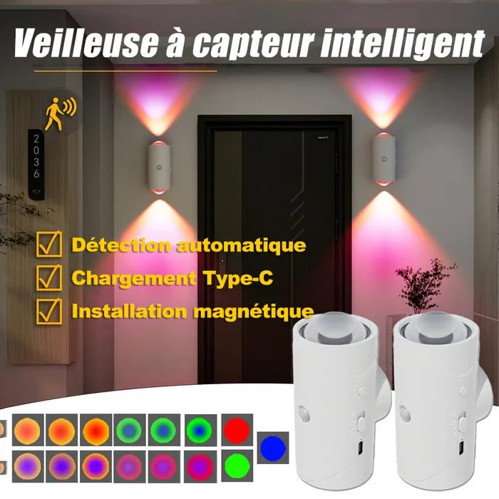 🌈Veilleuse LED intelligente avec détecteur de mouvement, dégradé RVB à intensité variable
